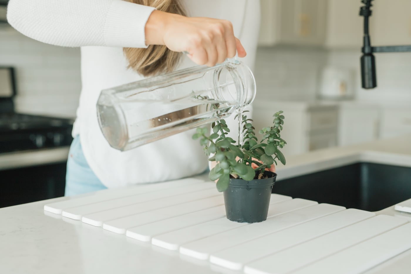 Minimalist stone drying mat styled on clean modern kitchen counter